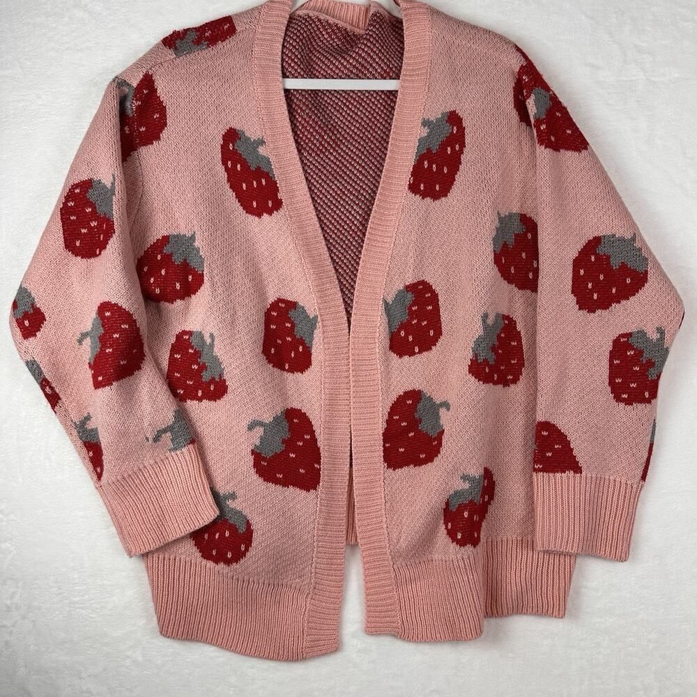 Women’s Pink Strawberry Open front Cardigan Sweater Coquette cottagecore No Size
